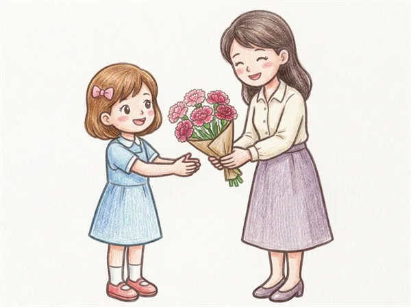 花を渡す女の子とお母さんの母の日ぬりえ