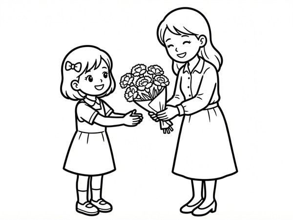 花を渡す女の子とお母さんの母の日ぬりえ
