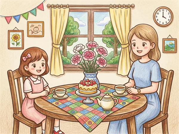 母の日のティータイムを楽しむ母親と女の子のぬりえ