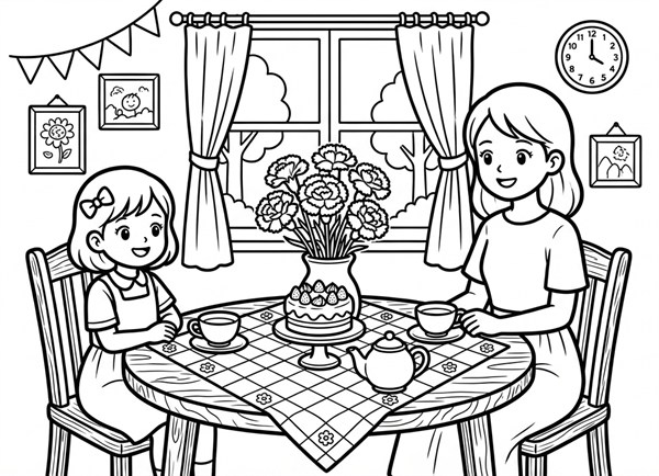 母の日のティータイムを楽しむ母親と女の子のぬりえ