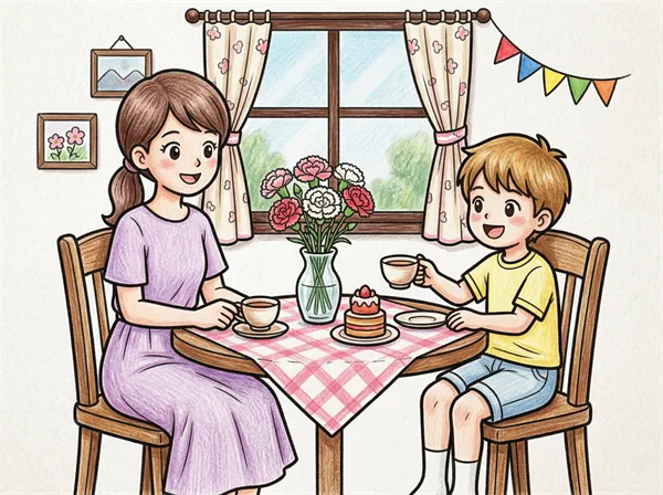 母の日のティータイムを楽しむ親と男の子のぬりえ