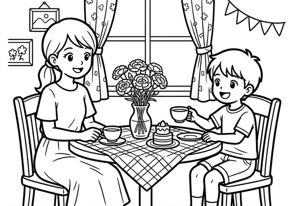 母の日のティータイムを楽しむ親と男の子のぬりえ