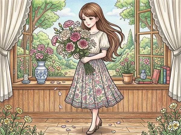 花束を持つ母親を中心にした高密度な母の日ぬりえ色見本