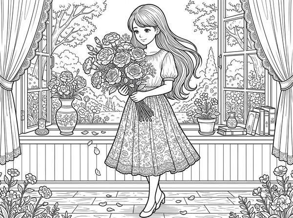 花束を持つ母親を中心にした高密度な母の日ぬりえ