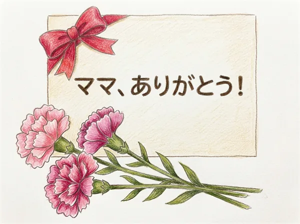 大きなありがとうカードとカーネーションを描いた母の日向けの簡単ぬりえ色見本