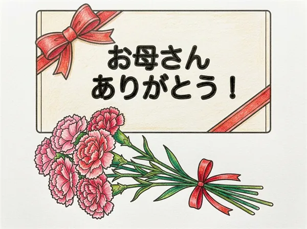ありがとうカードとカーネーションを描いた母の日向けのぬりえ色見本