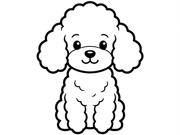 正面を向いておすわりするトイ・プードルの白黒線画