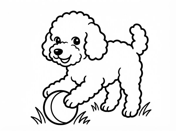 ボールで遊ぶトイ・プードルの白黒線画
