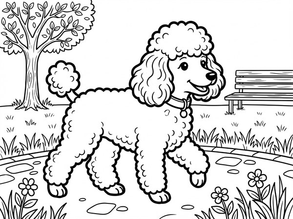 公園を散歩するトイ・プードルの白黒線画