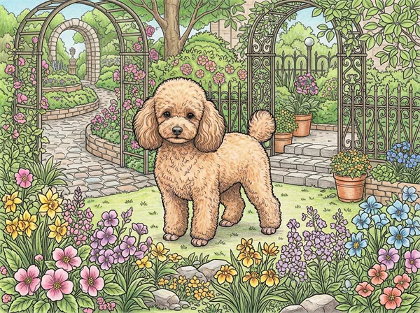 庭園の中に立つ精密なトイ・プードルの色見本