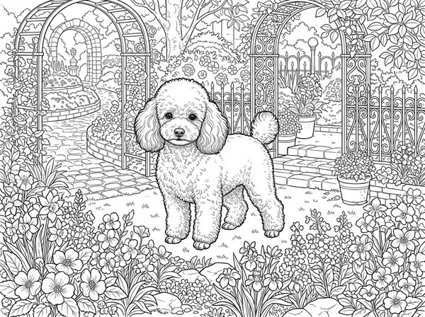 庭園の中に立つ精密なトイ・プードルの白黒線画