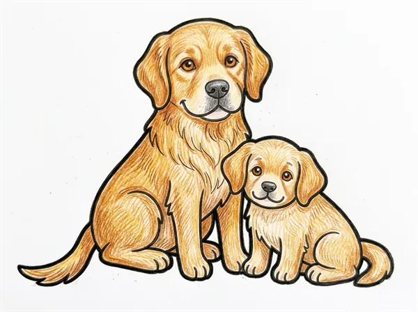 並んで座るゴールデン・レトリーバーの親子の色見本