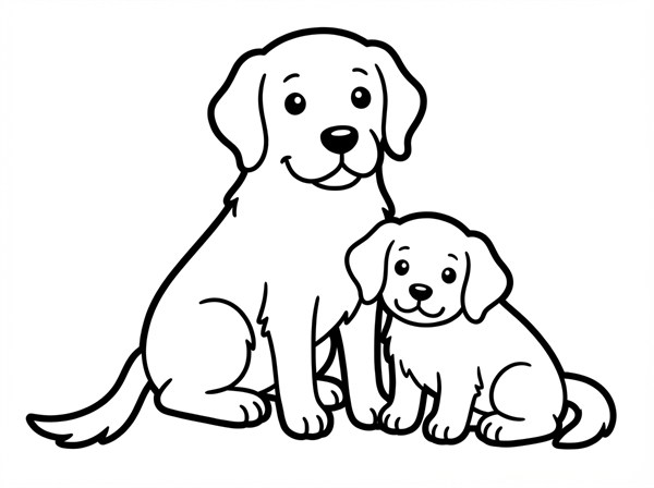 並んで座るゴールデン・レトリーバーの親子の白黒ぬりえ