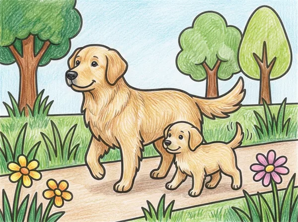 公園を歩くゴールデン・レトリーバーの親子の色見本