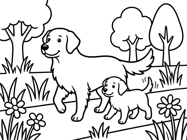 公園を歩くゴールデン・レトリーバーの親子の白黒ぬりえ