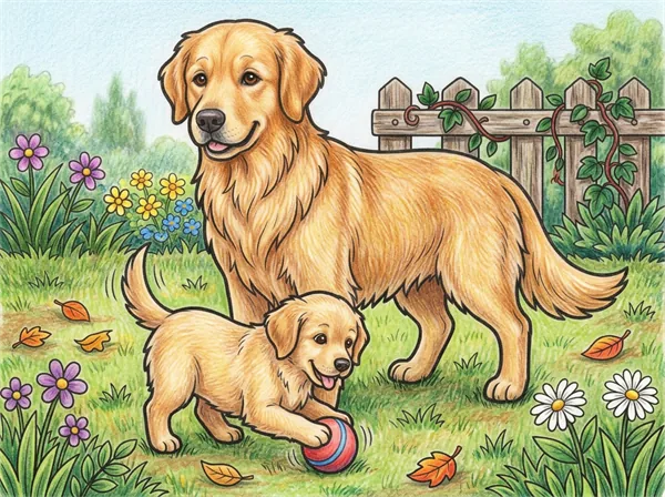 庭で遊ぶゴールデン・レトリーバーの親子の色見本
