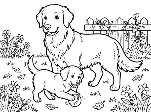 庭で遊ぶゴールデン・レトリーバーの親子の白黒ぬりえ