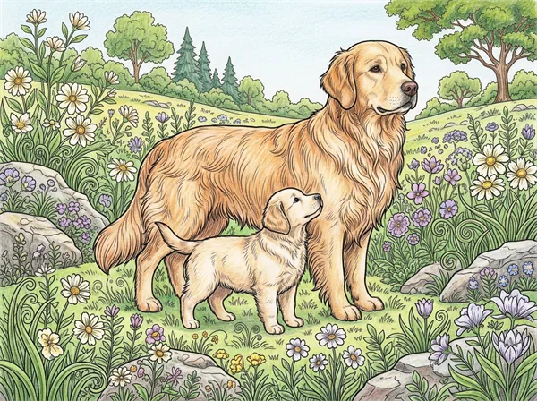 花咲く野原に立つゴールデン・レトリーバーの親子の精密な色見本