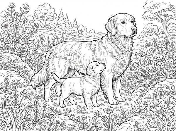 花咲く野原に立つゴールデン・レトリーバーの親子の精密な白黒ぬりえ