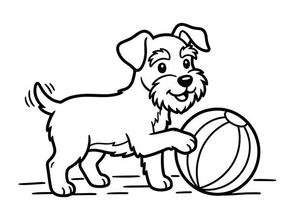 ボールで遊ぶミニチュア・シュナウザーの子犬の線画