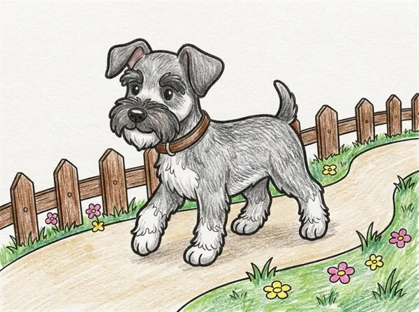 7〜8歳向けに庭の背景と子犬の毛並みを加えた塗りごたえのあるぬりえ色見本