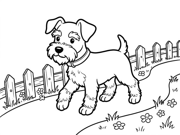 庭を散歩するミニチュア・シュナウザーの子犬の線画