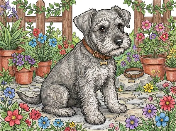 大人向けに子犬の毛並みと庭園背景を細かく描き込んだ高密度ぬりえ色見本