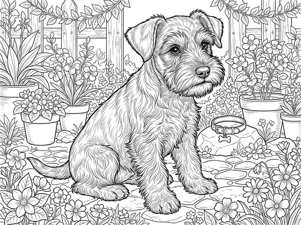 精密な庭園の中にいるミニチュア・シュナウザーの子犬の線画