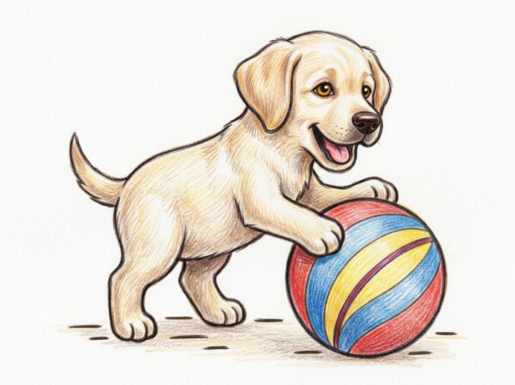 ボールで遊ぶラブラドール・レトリーバーの子犬の線画
