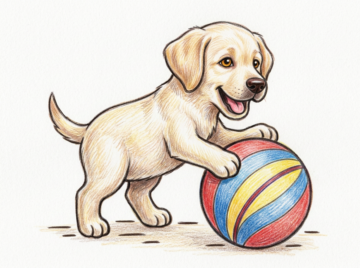 ボールで遊ぶラブラドール・レトリーバーの子犬の線画