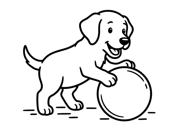 ボールで遊ぶラブラドール・レトリーバーの子犬の線画
