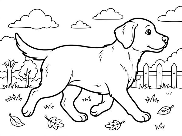 公園を走るラブラドール・レトリーバーの子犬の線画
