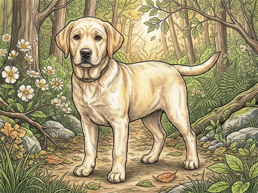 森の中にいるラブラドール・レトリーバーの子犬の色見本