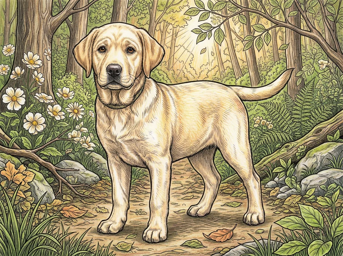 森の中にいるラブラドール・レトリーバーの子犬の色見本