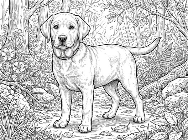 森の中にいるラブラドール・レトリーバーの子犬の精密線画
