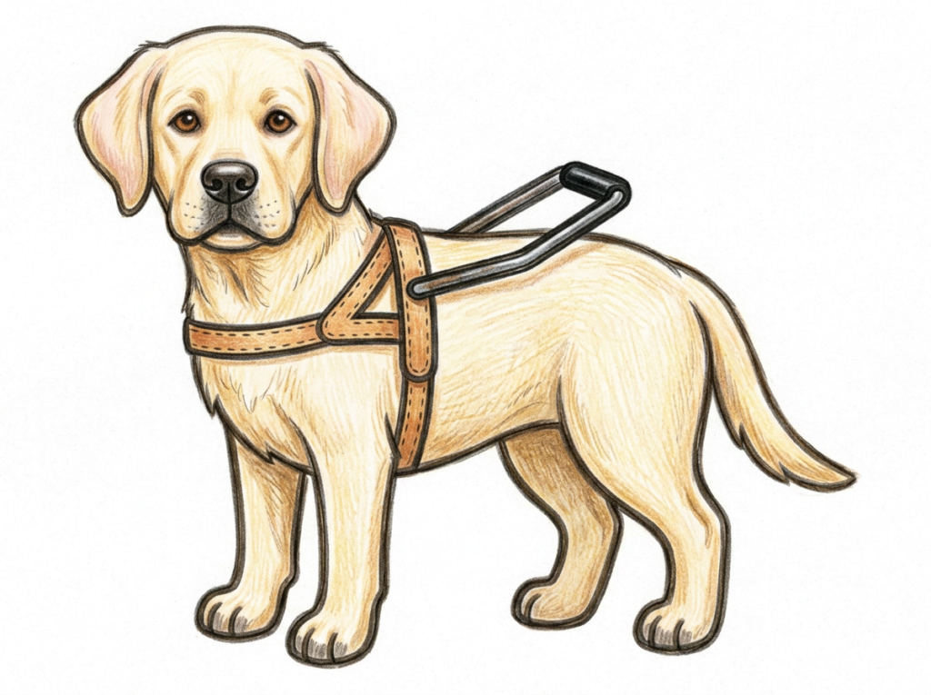 ハーネスをつけた横向きのラブラドール盲導犬の線画