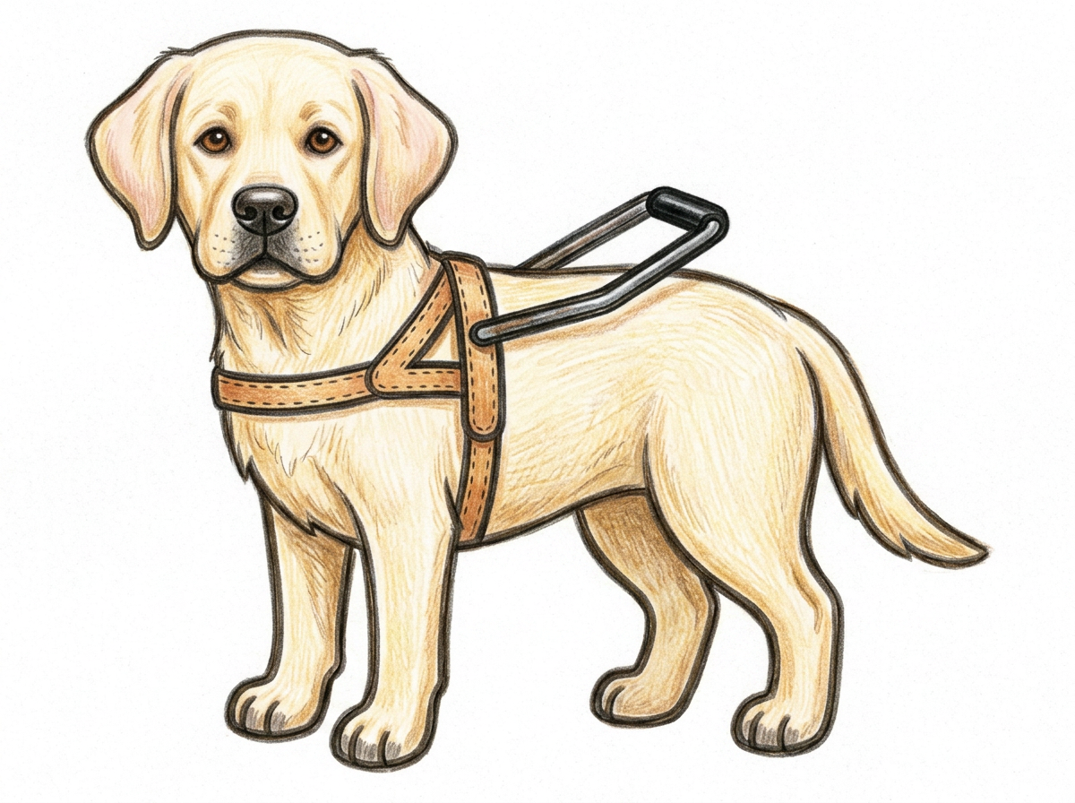 ハーネスをつけた横向きのラブラドール盲導犬の線画