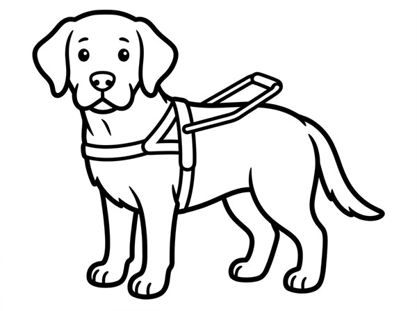 ハーネスをつけた横向きのラブラドール盲導犬の線画

