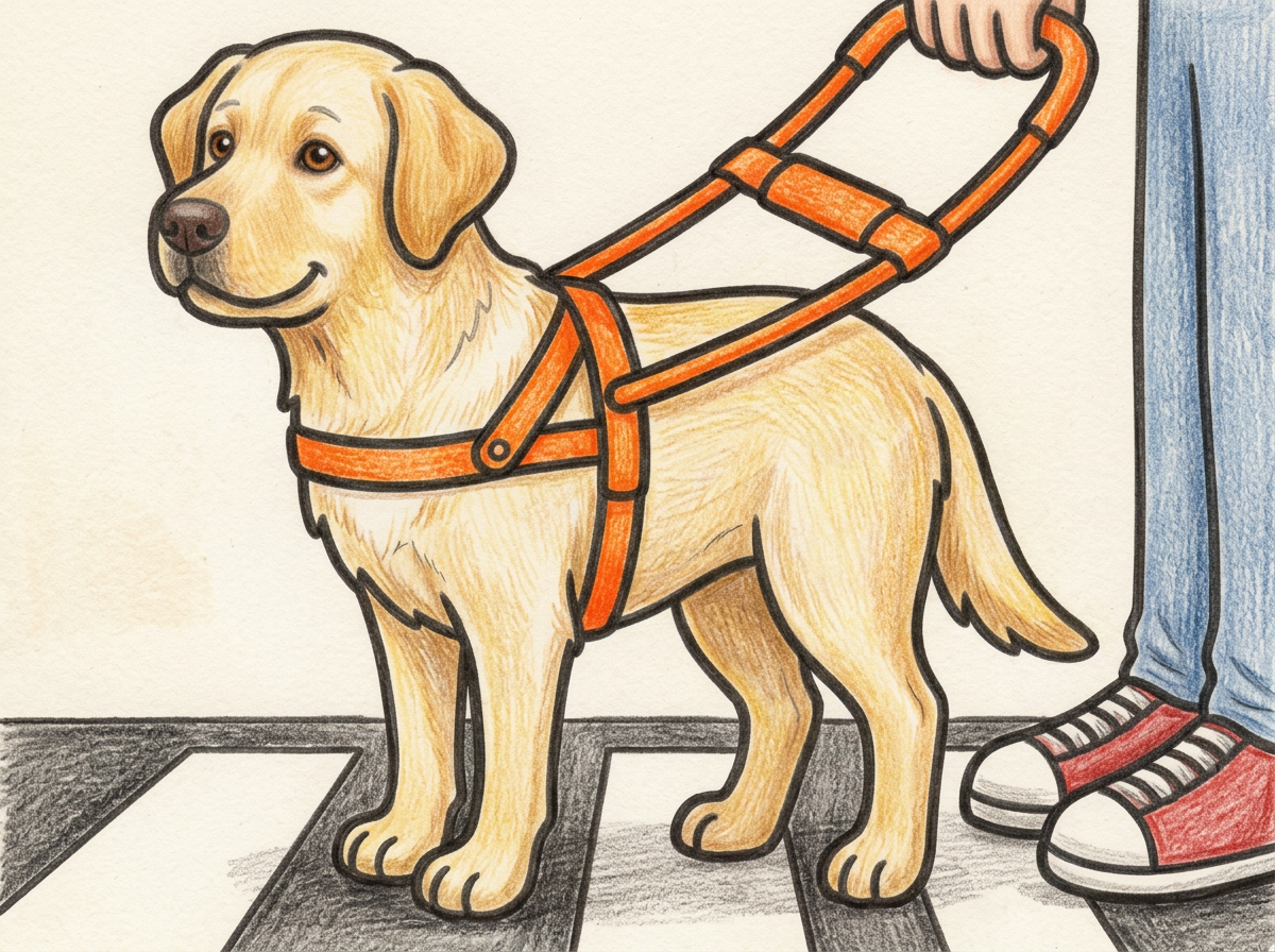 横断歩道の前で待つラブラドール盲導犬の色見本