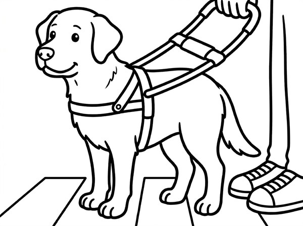 横断歩道の前で待つラブラドール盲導犬の線画
