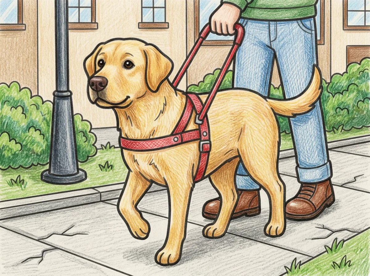 街の歩道を歩くラブラドール盲導犬と利用者の足元の色見本