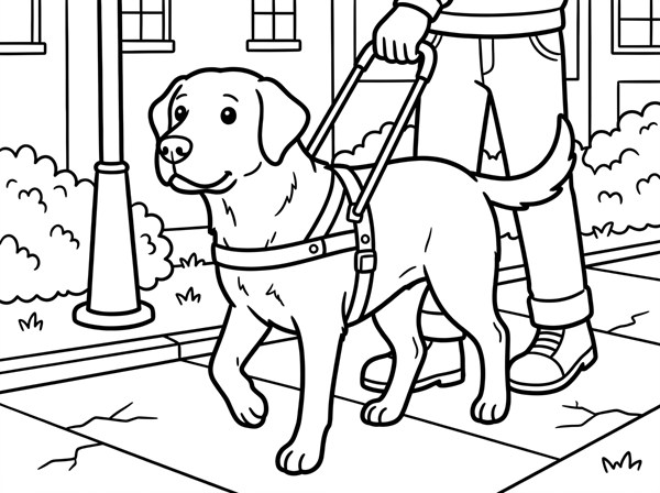 街の歩道を歩くラブラドール盲導犬と利用者の足元の線画

