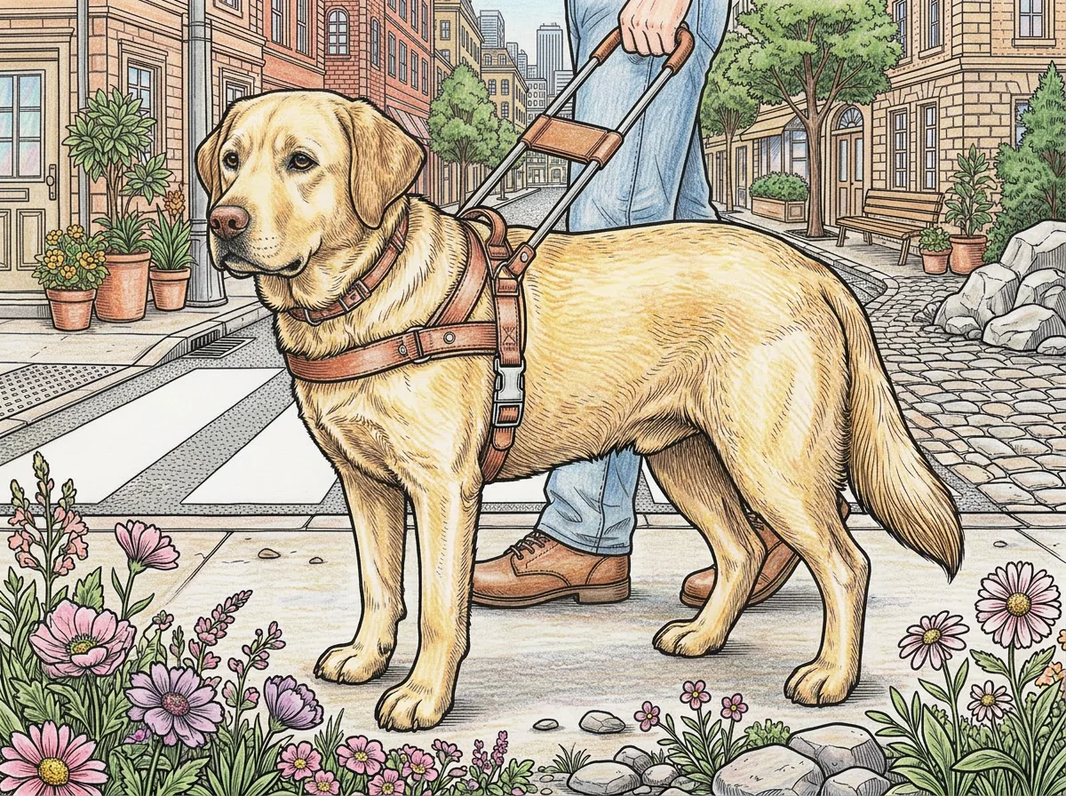 精密な街並みの中に立つラブラドール盲導犬の高密度色も見本