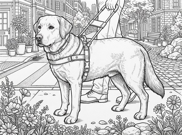 精密な街並みの中に立つラブラドール盲導犬の高密度線画
