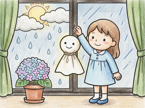あじさいのそばにいる女の子のてるてるぼうずの線画