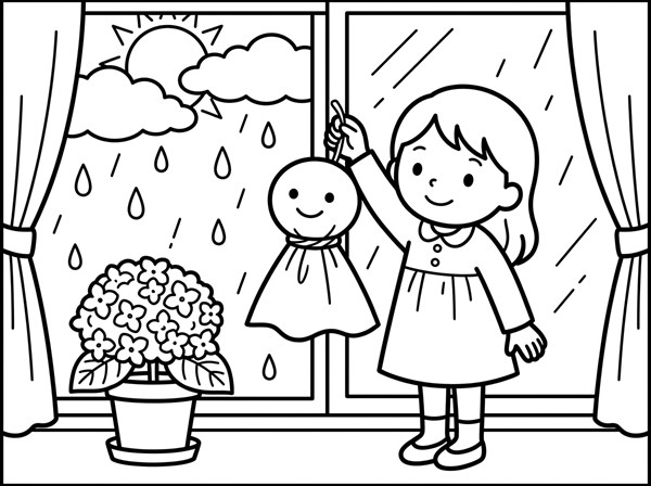 あじさいのそばにいる女の子のてるてるぼうずの線画