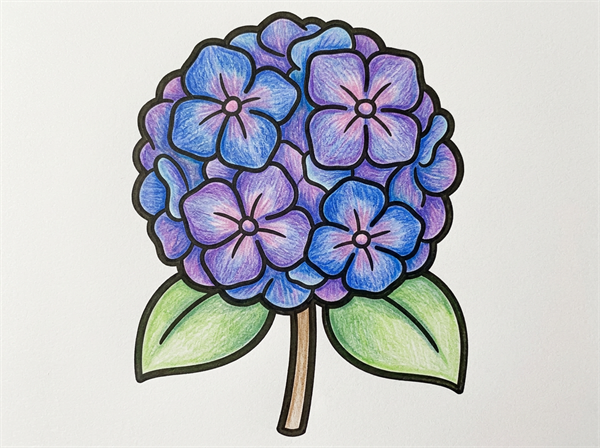 大きなあじさいの花を中央に描いた簡単なぬりえ