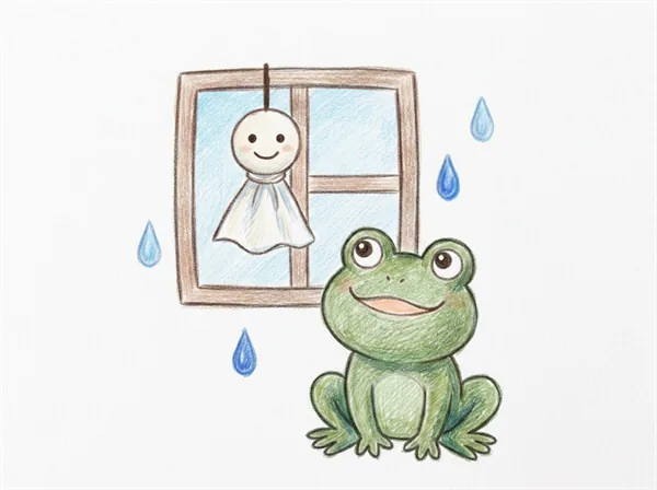 窓辺のてるてるぼうずを見上げるかえるの線画