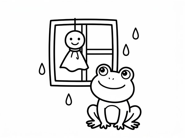 窓辺のてるてるぼうずを見上げるかえるの線画