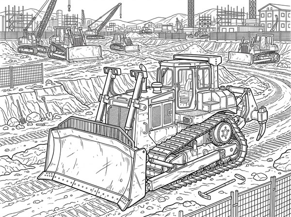 広い工事現場で複数のブルドーザーや建物を描いた大人向け白黒ぬりえ